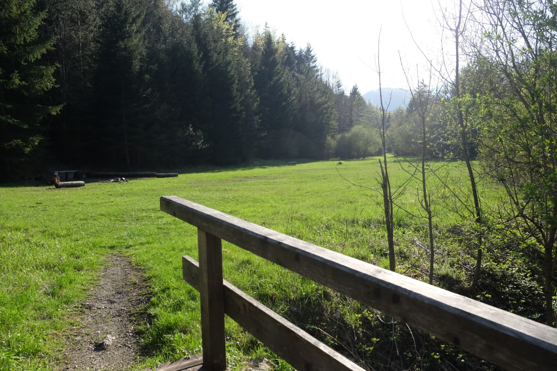 Am Foto sieht man einen Teil einer Handlaufes einer Brücke. Dahinter erkennt man eine große Wiese die vor einem Wald liegt. Im Hintergrund ist ein Berg erkennbar.