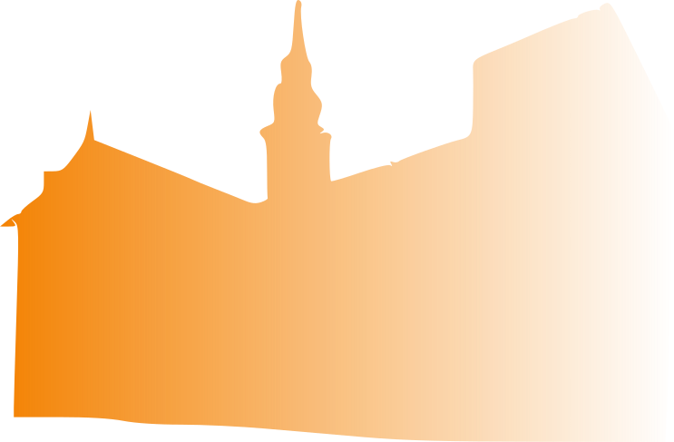 Bild der Gertrudkirche, skizziert, in der Gemeindefarbe Orange auf weißen Hintergrund.